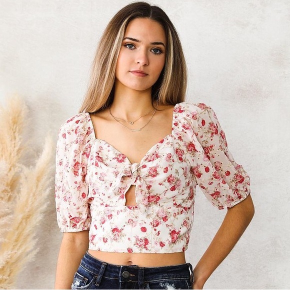 Buckle Tops - Buckle BKE Floral Front Tie Chiffon Puffy Sleeve Crop Top A. PEACH White Pink M
